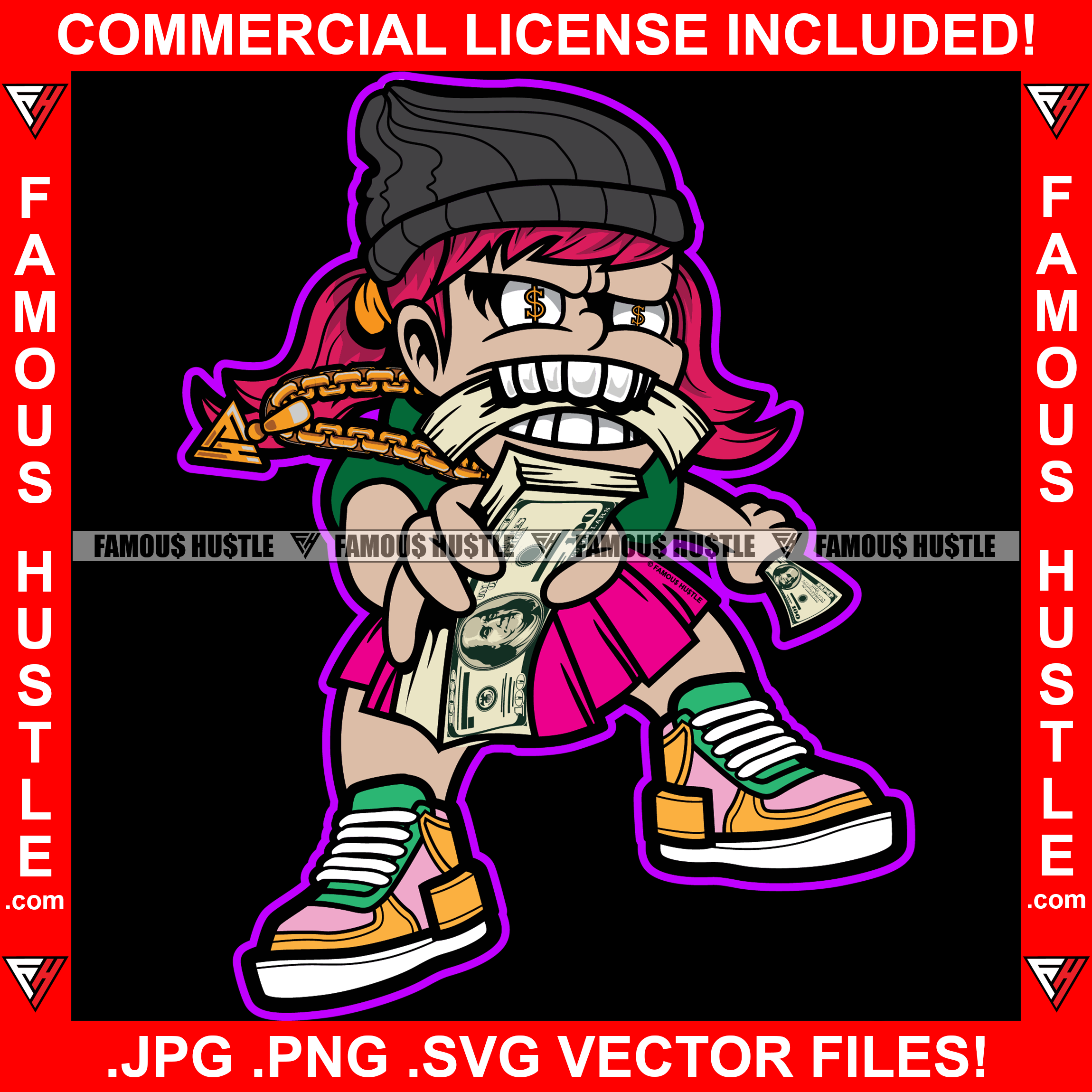 Gangster Girl Eating Money Stack Knit Hat Gold Chain Necklace Teeth Sneaker Beanie Pink Dress Hip Hop Rap Rapper Plug Trap Street Hood Swag Hustler Flex Drip Famous Hustle Rich Art Graphic Design Logo T-Shirt Print Printing JPG PNG SVG Vector Cut File