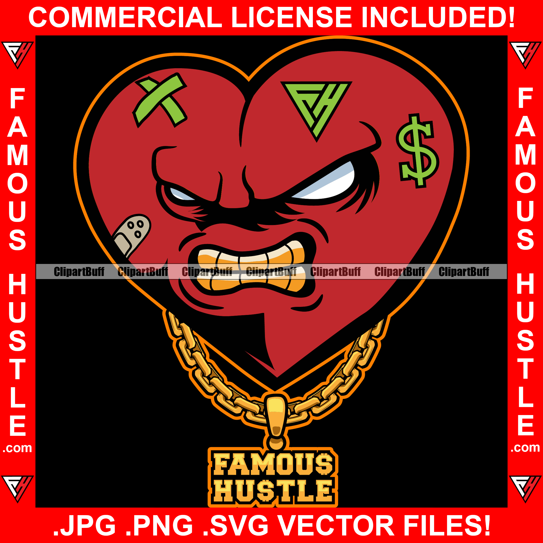 Gangster Heart Mean Face Gold Teeth Heartless Face Cartoon Character Bandage Dollar Sign Cash Money Tattoo Hip Hop Rap Trap Street Hood Ghetto Thug Hustler Savage Famous Hustle Art Graphic Design Logo T-Shirt Print Printing JPG PNG SVG Vector Cut File