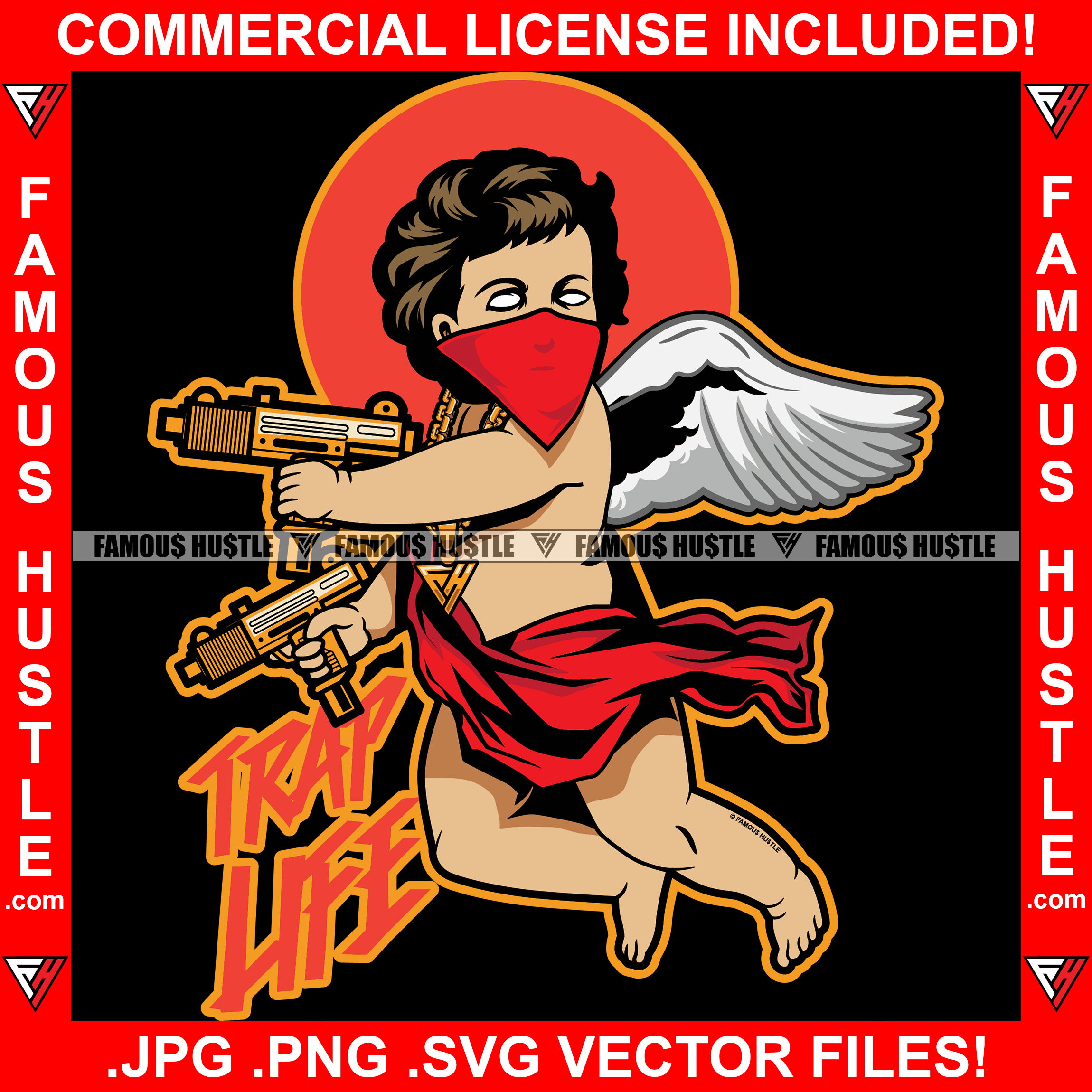 Trap Life Gangster Angel Wings Statue Red Bandanna Face Mask White Eyes Gold Jewelry Holding Machine Gun Hip Hop Rap Rapper Plug Trap Street Trapper Trench Gang Member Quote Art Graphic Design Logo T-Shirt Print Printing JPG PNG SVG Vector Cut File