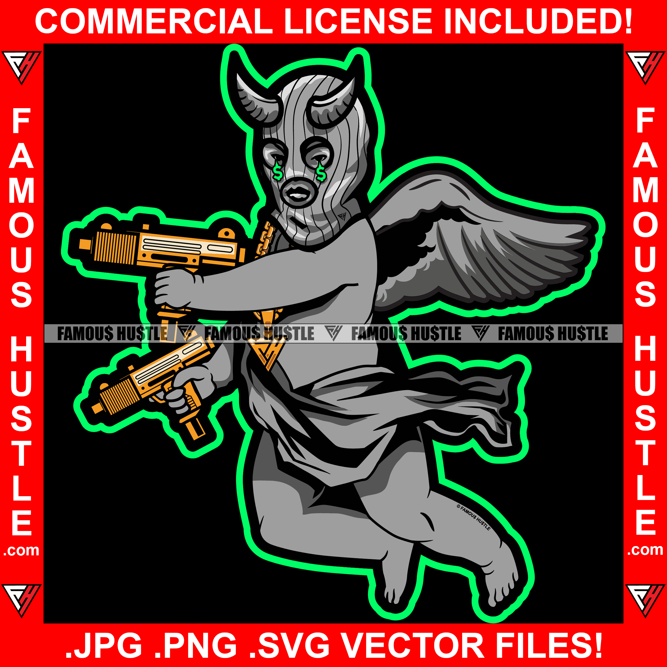 Demon Gangster Statue Devil Wings Satan Horns Ski Mask Gold Jewelry Holding Machine Gun Hip Hop Rap Rapper Plug Trap Street Trapper Trench Gang Member Art Graphic Design Logo T-Shirt Print Printing JPG PNG SVG Vector Cut File