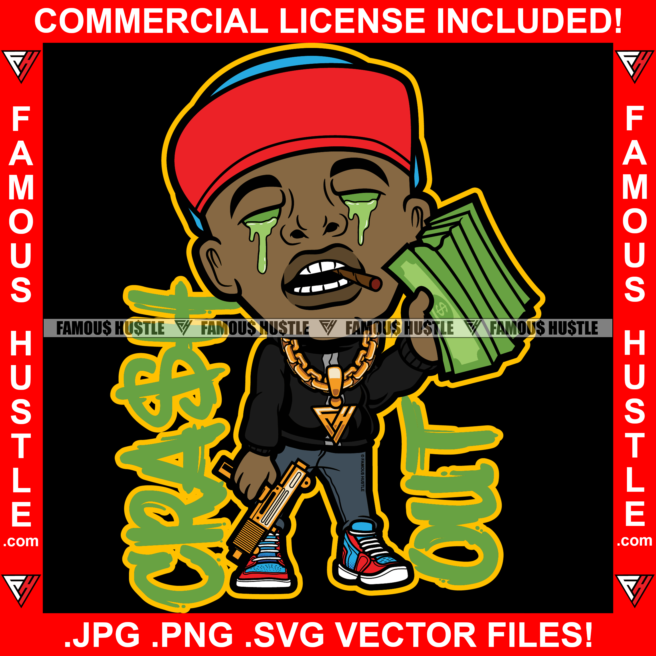Crash Out Gangster Rapper Green Slime Drip Dripping Eyes Gold Machine Gun Necklace Chain Drip Famous Hustle Hip Hop Rap Plug Smoke Gang Famous Hustle Quote Art Graphic Design Logo T-Shirt Print Printing JPG PNG SVG Vector Cut File