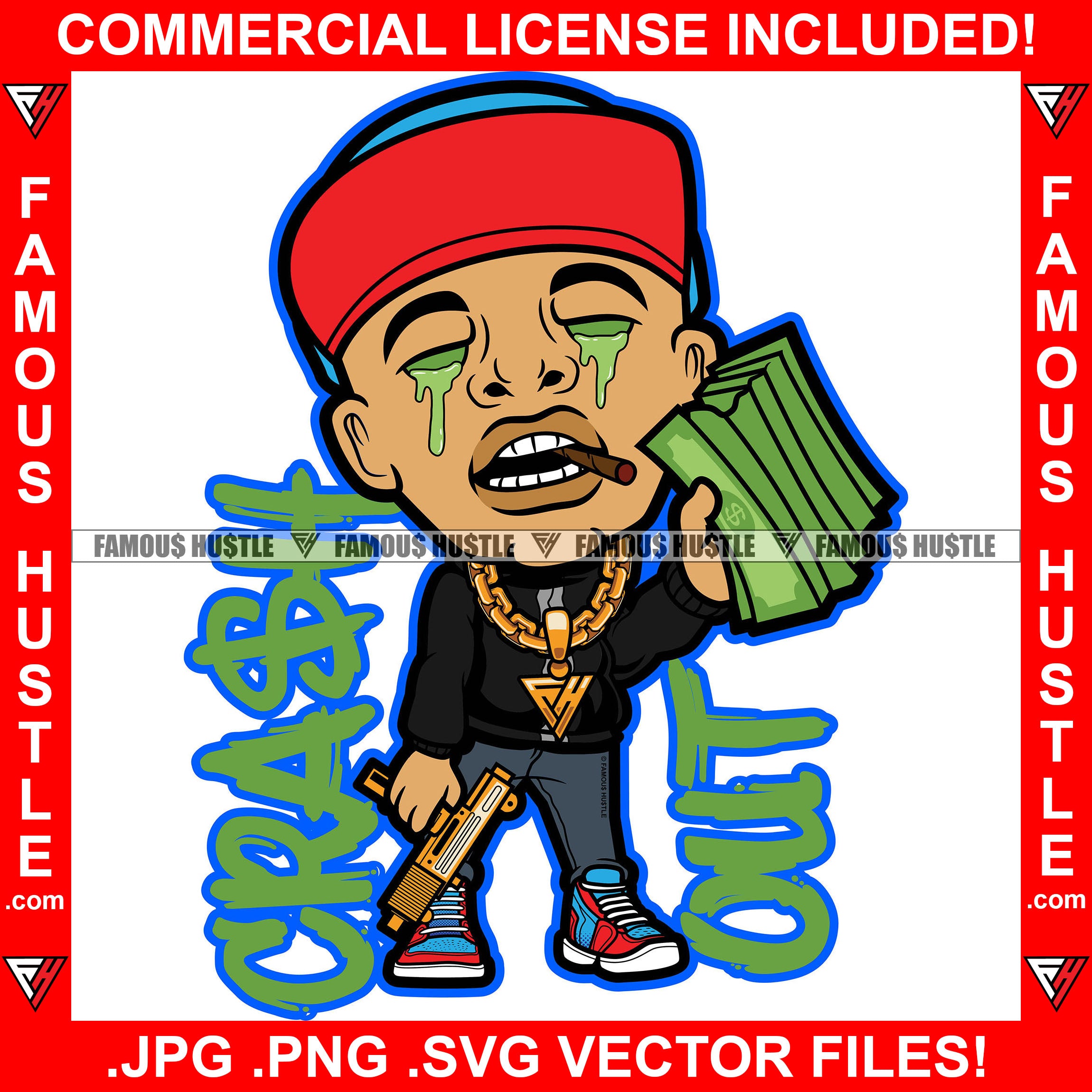 Crash Out Gangster Rapper Green Slime Dripping Eyes Gold Machine Gun Necklace Chain Famous Hustle Hip Hop Rap Street Plug Trap Hustler Hustling Sauce Dope Mob Slum Slime Goon Smoke Gang Quote Art Graphic Design Logo Print Printing Vector SVG Cut File