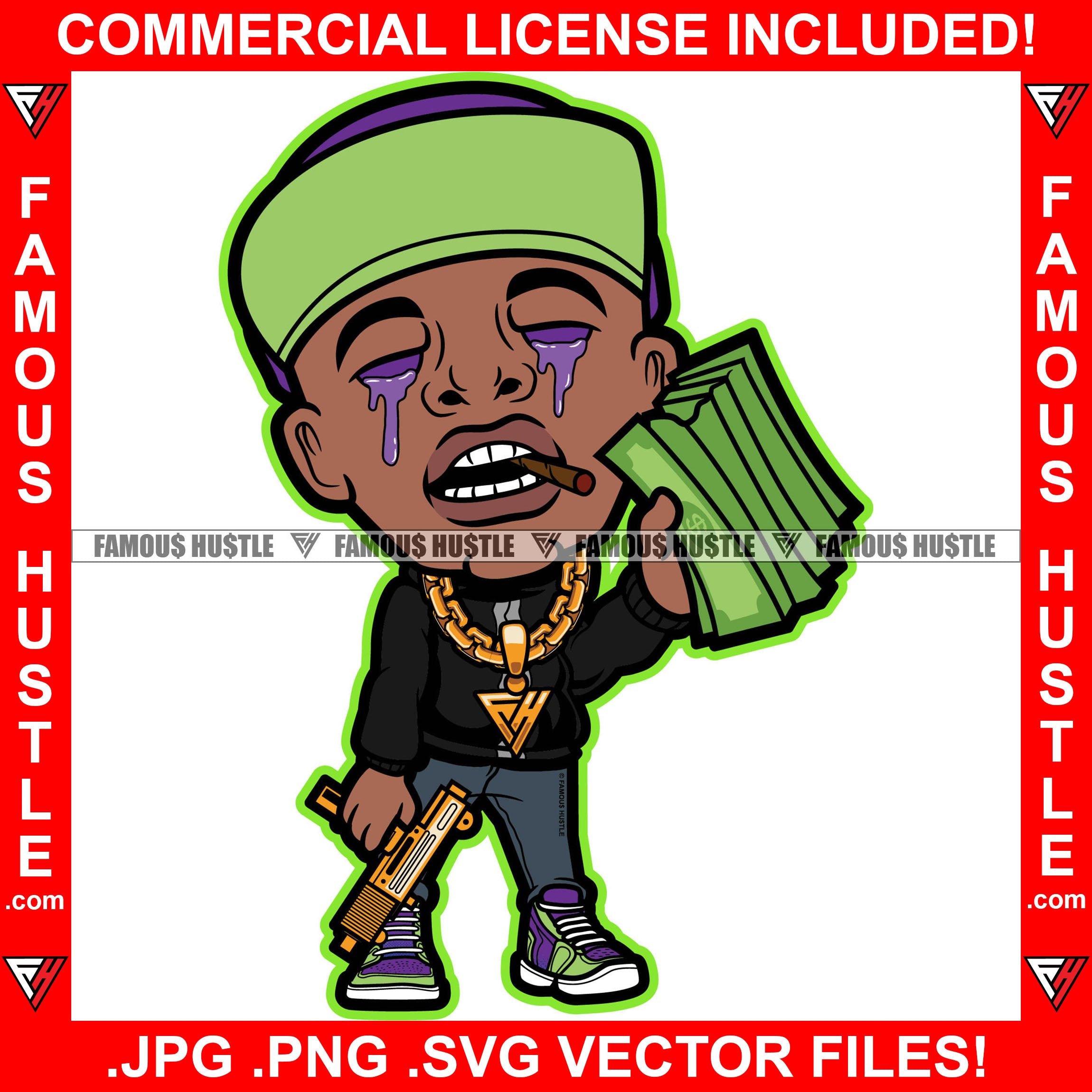 Gangster Rapper Purple Drink Lean Dripping Eyes Gold Machine Gun Necklace Chain Drip Famous Hustle Hip Hop Rap Plug Trap Hustler Hustling Sauce Mob Slime Smoke Gang Trapper Art Graphic Design Logo T-Shirt Print Printing JPG PNG SVG Vector Cut File