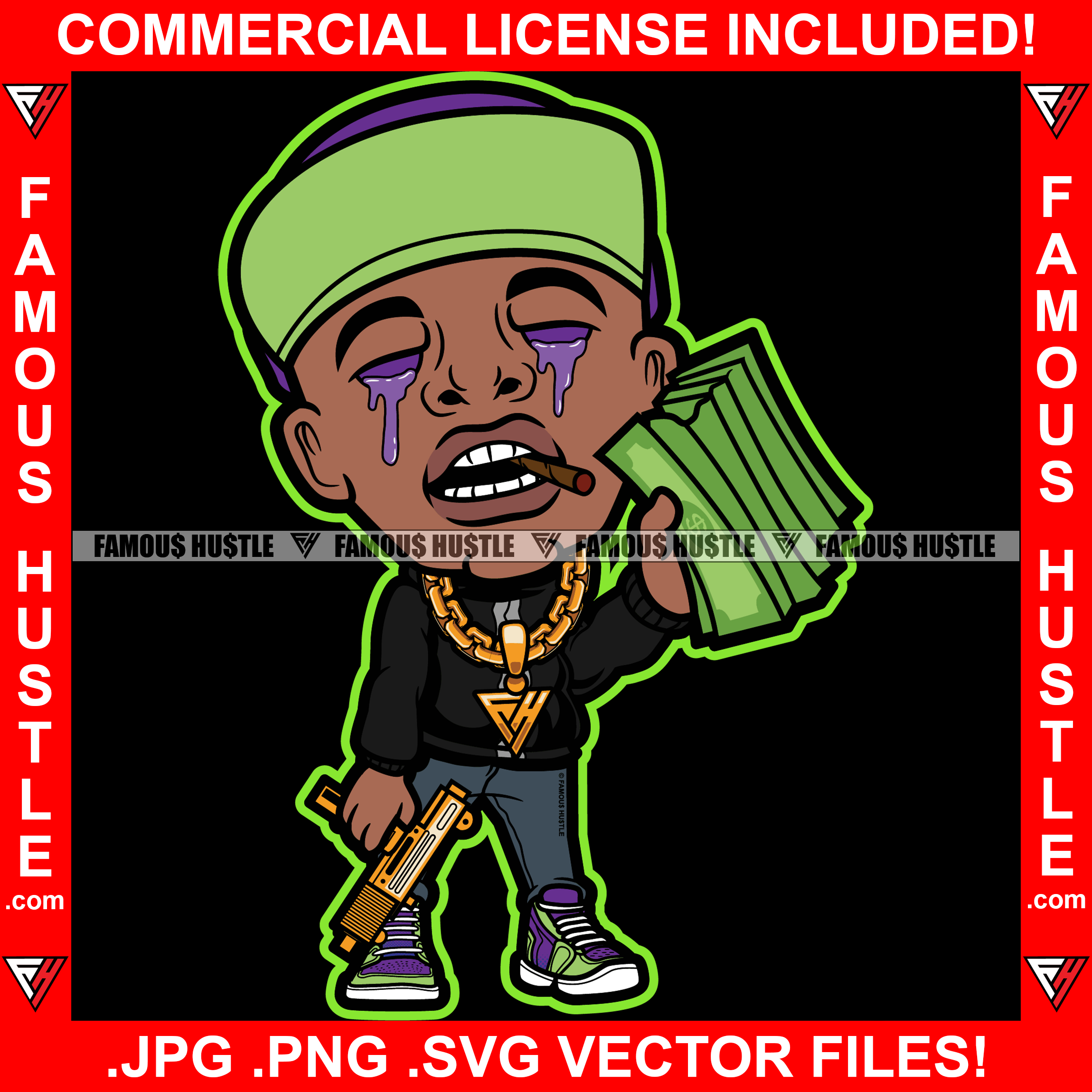Gangster Rapper Purple Drink Lean Dripping Eyes Gold Machine Gun Necklace Chain Drip Famous Hustle Hip Hop Rap Plug Trap Hustler Hustling Sauce Mob Slime Smoke Gang Trapper Art Graphic Design Logo T-Shirt Print Printing JPG PNG SVG Vector Cut File