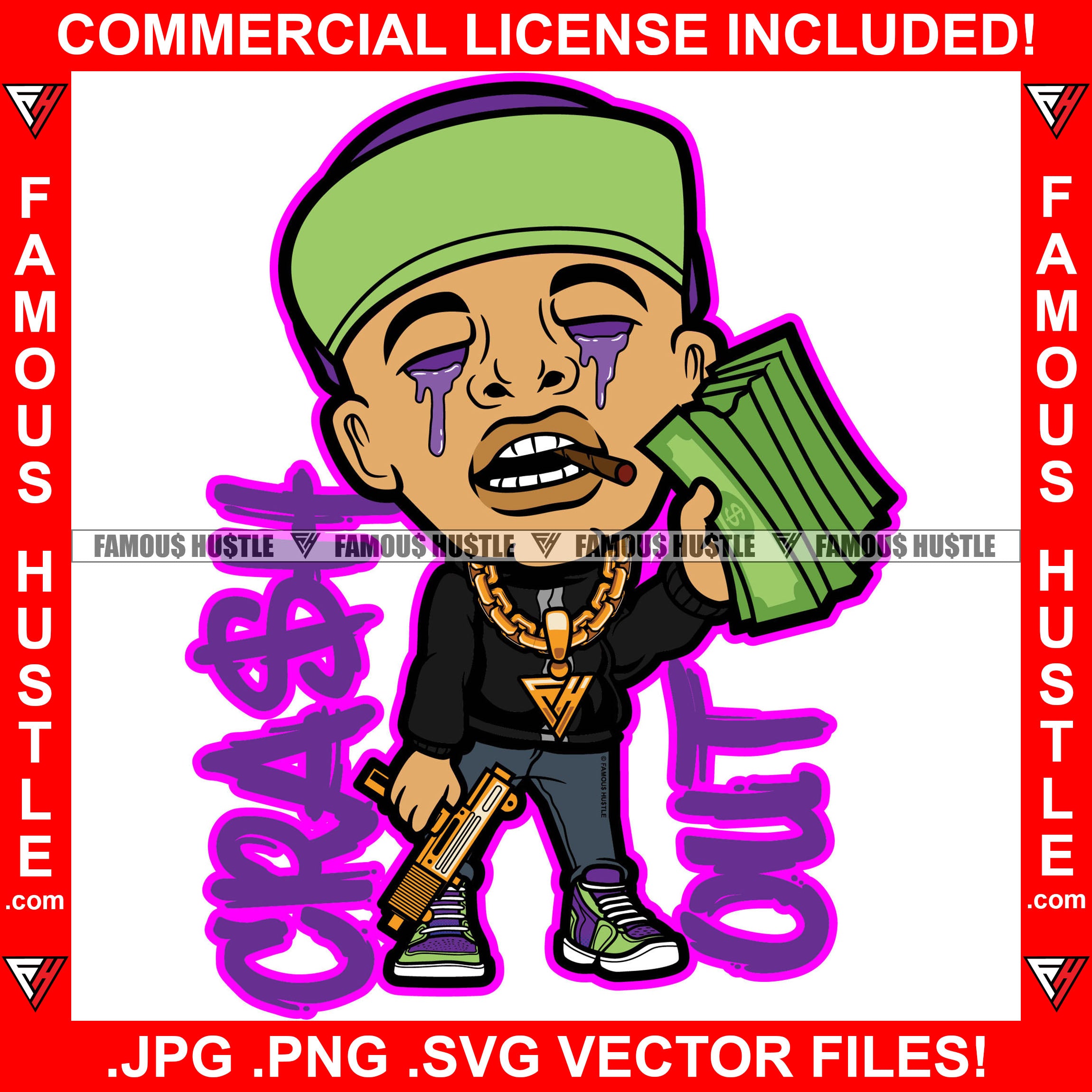 Crash Out Gangster Rapper Purple Drink Lean Dripping Eyes Green Hat Cap Gold Machine Gun Necklace Chain Drip Famous Hustle Hip Hop Rap Plug Smoke Gang Member Baller Quote Art Graphic Design Logo T-Shirt Print Printing JPG PNG SVG Vector Cut File