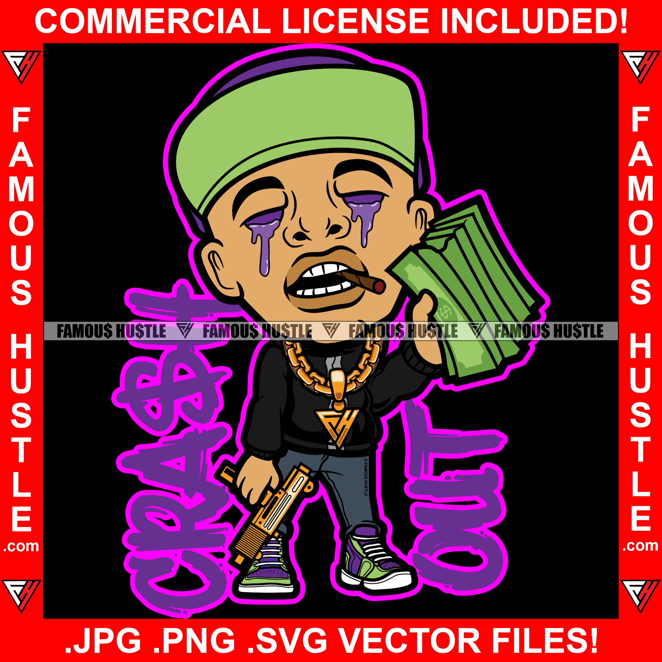 Crash Out Gangster Rapper Purple Drink Lean Dripping Eyes Green Hat Cap Gold Machine Gun Necklace Chain Drip Famous Hustle Hip Hop Rap Plug Smoke Gang Member Baller Quote Art Graphic Design Logo T-Shirt Print Printing JPG PNG SVG Vector Cut File