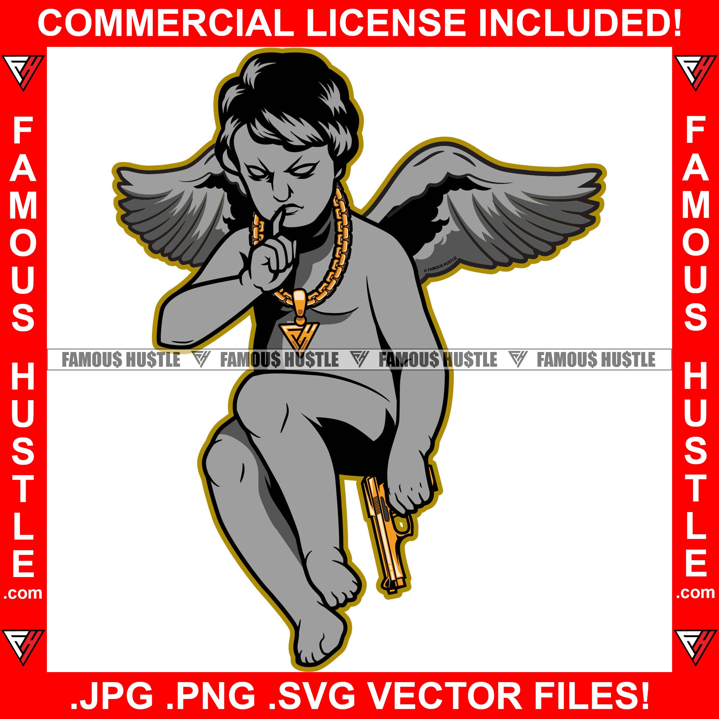 Gangster Statue Demon Wings Gold Gun Necklace Shhh Finger Hand Gesture Gang Member Hip Hop Rap Plug Trap Street Hood Ghetto Swag Thug Boss Hustler Hustling Famous Hustle Trapper Art Graphic Design Logo T-Shirt Print Printing JPG PNG SVG Vector Cut File