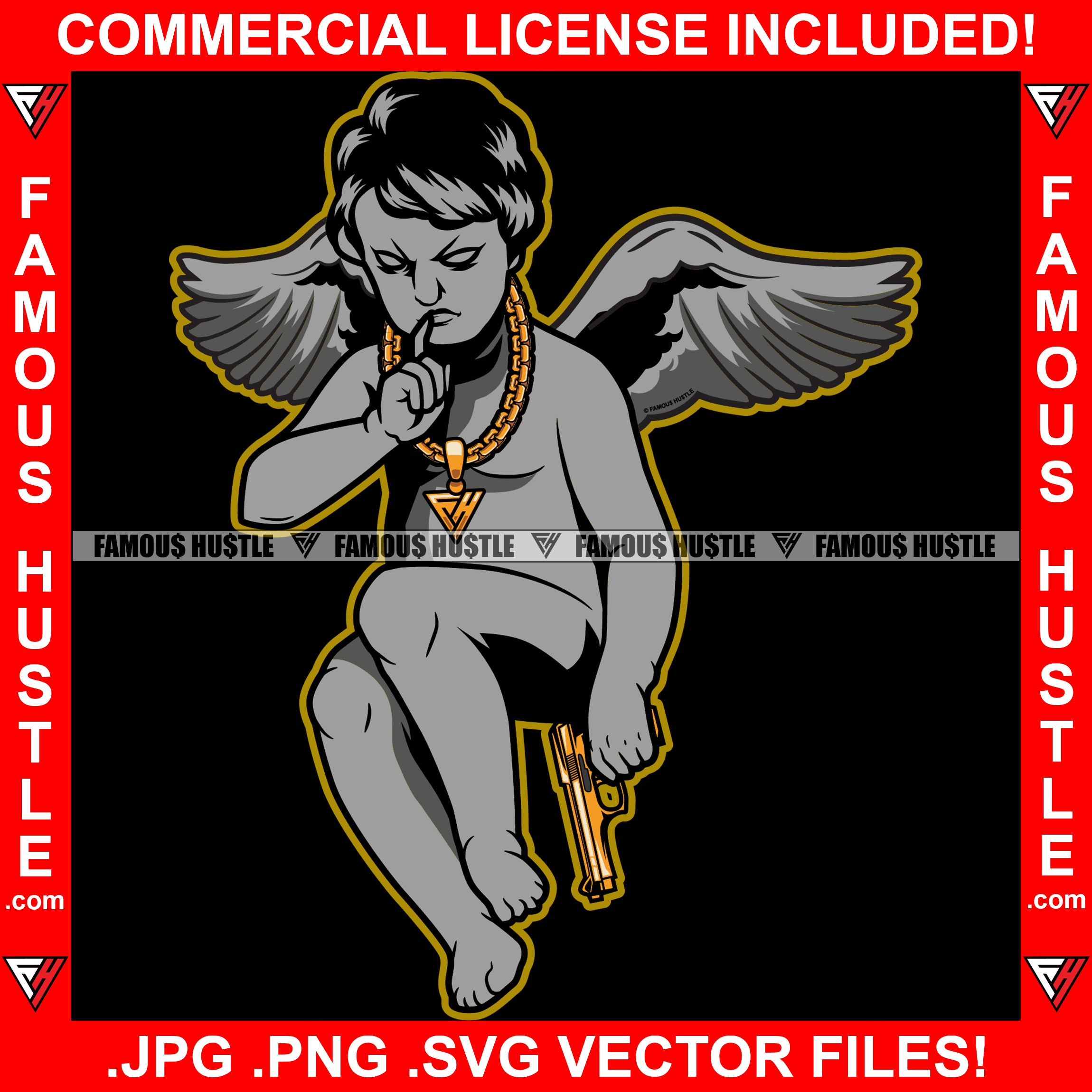 Gangster Statue Demon Wings Gold Gun Necklace Shhh Finger Hand Gesture Gang Member Hip Hop Rap Plug Trap Street Hood Ghetto Swag Thug Boss Hustler Hustling Famous Hustle Trapper Art Graphic Design Logo T-Shirt Print Printing JPG PNG SVG Vector Cut File