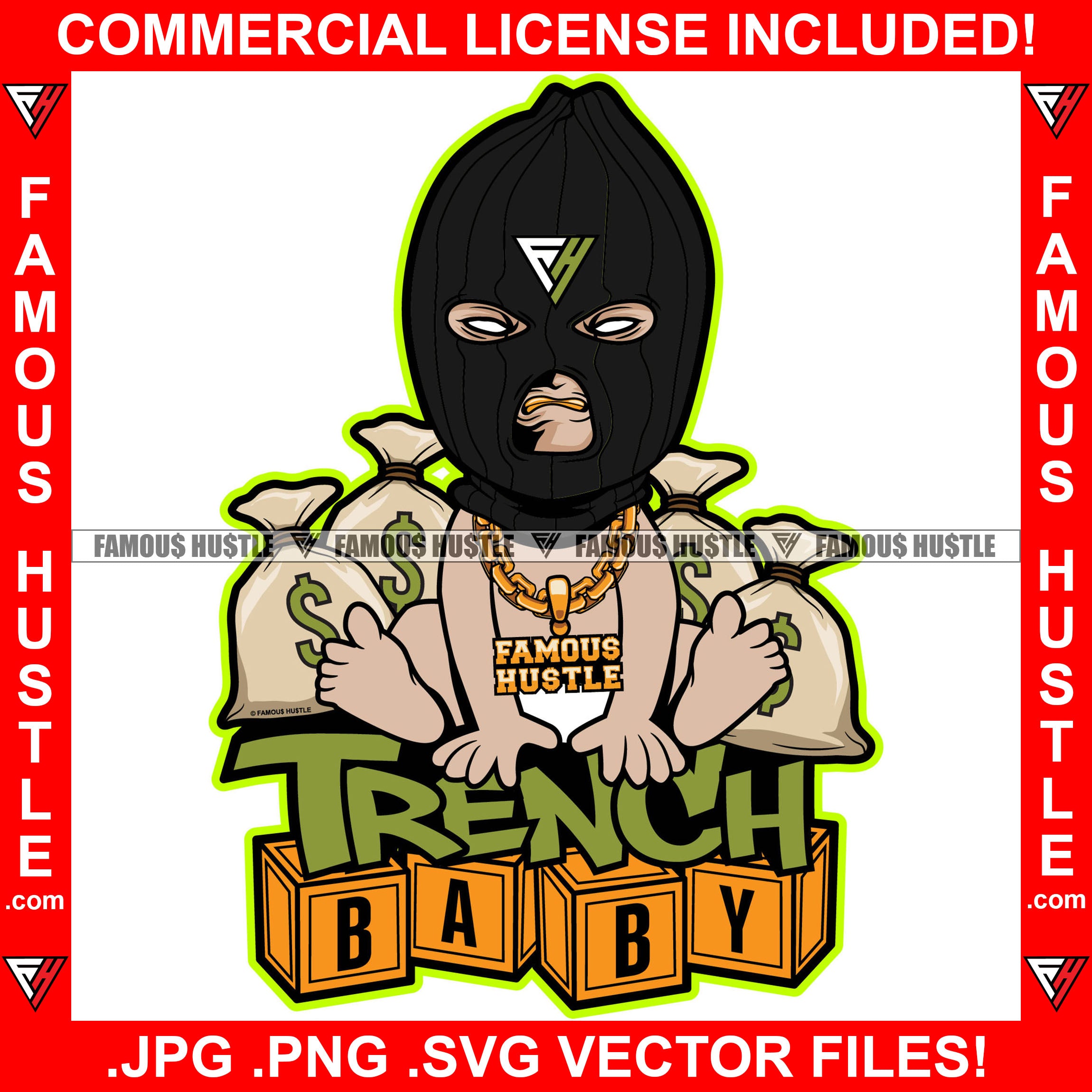 Trench Baby Hustler Gangster Boy Black Ski Mask Cash Money Bags Gold Necklace Tattoo Hip Hop Rap Hustler Drip Trap Hood Thug Gang Street Mafia Mob Ghetto Famous Hustle Quote Art Graphic Design Logo T-Shirt Print Printing JPG PNG SVG Vector Cut File