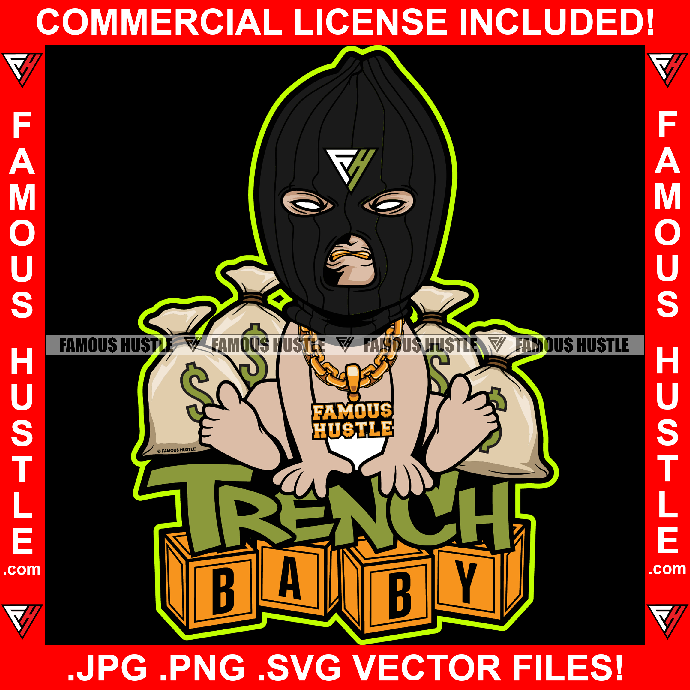 Trench Baby Hustler Gangster Boy Black Ski Mask Cash Money Bags Gold Necklace Tattoo Hip Hop Rap Hustler Drip Trap Hood Thug Gang Street Mafia Mob Ghetto Famous Hustle Quote Art Graphic Design Logo T-Shirt Print Printing JPG PNG SVG Vector Cut File