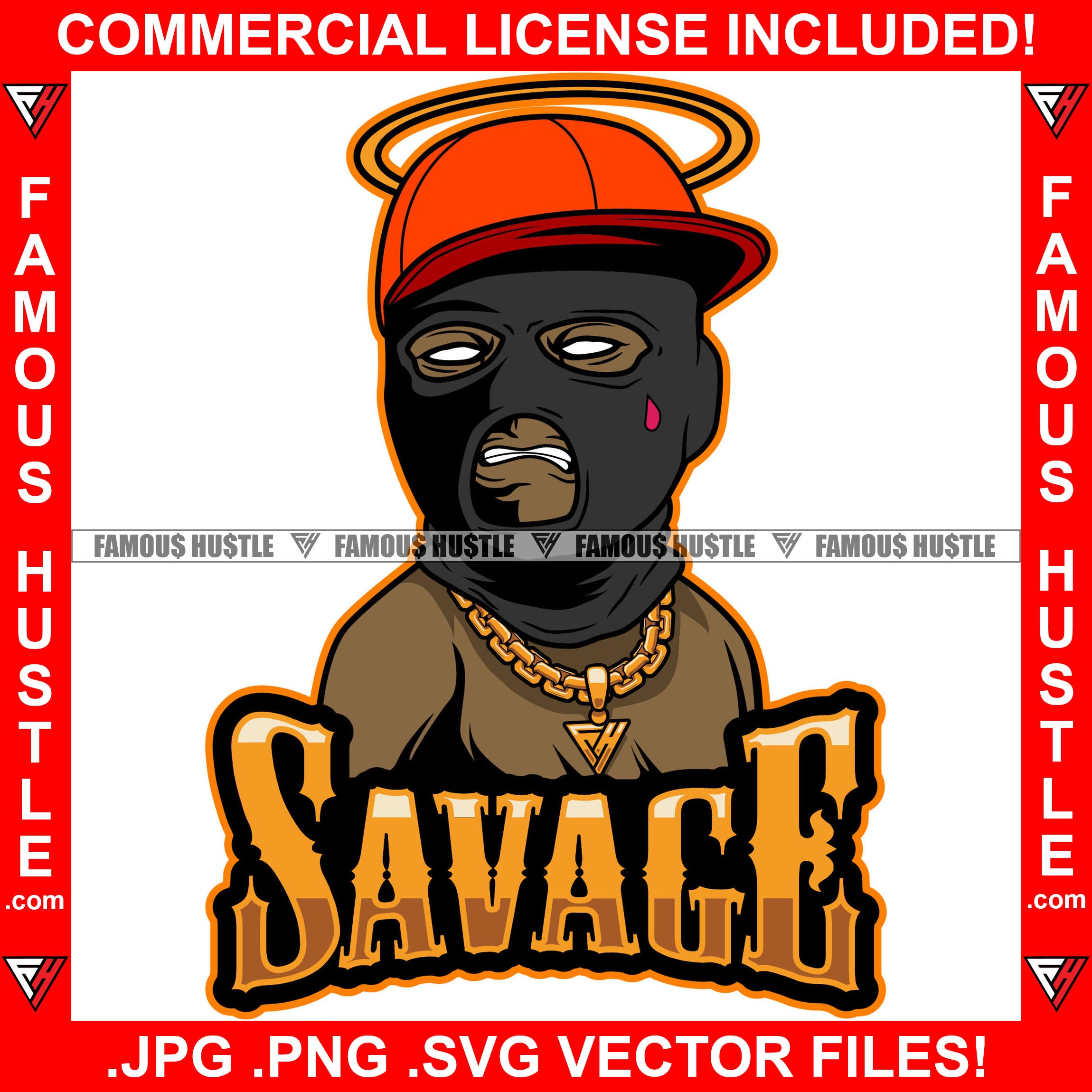 Savage Black Man Ski MaskGold Jewelry Dripping Baseball Cap Burglar Hat Robber Face Hip Hop Rap Rapper Drip Swag Plug Trap Hood Thug Gang Street Famous Hustle Quote Art Graphic Design Logo T-Shirt Print Printing JPG PNG SVG Vector Cut File