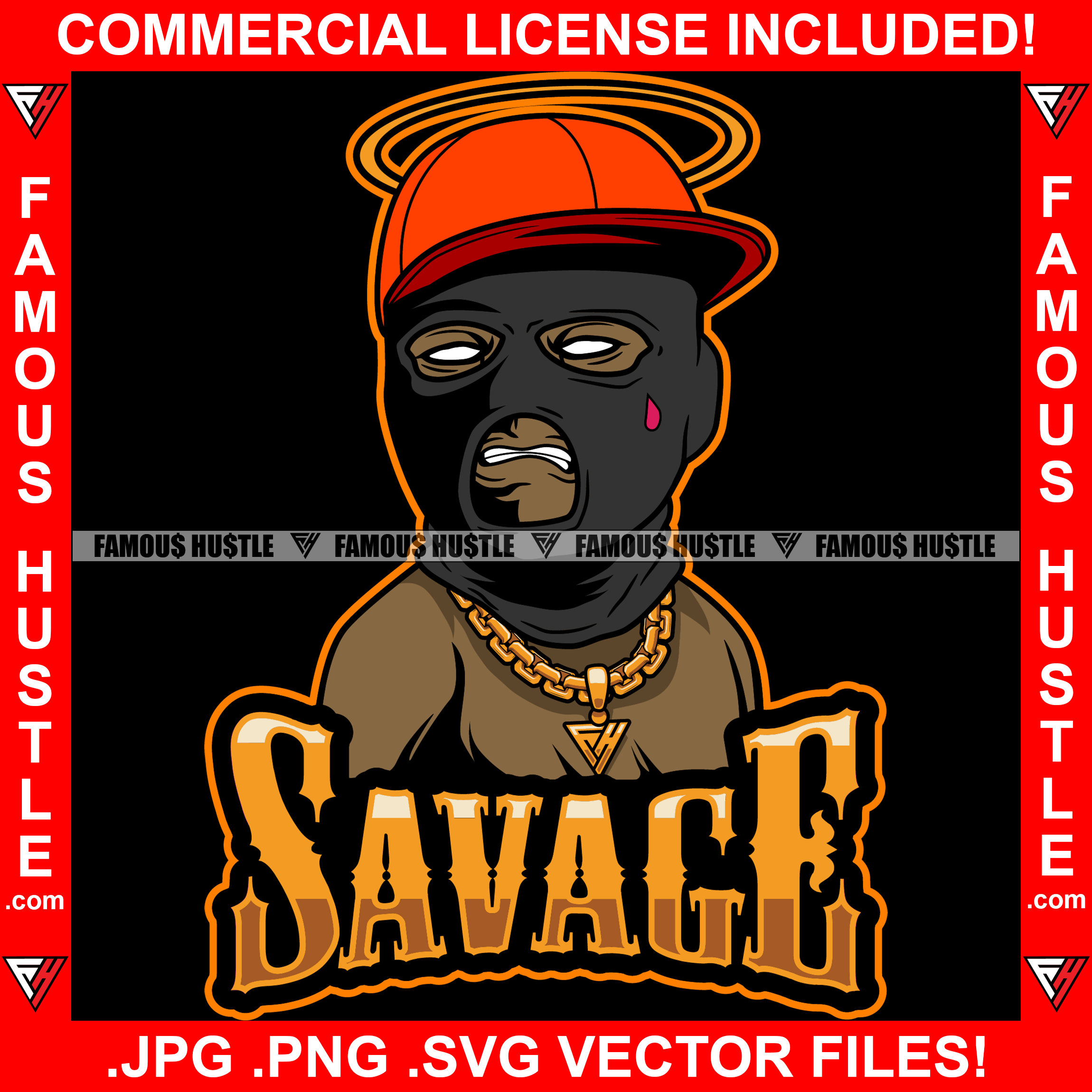 Savage Black Man Ski MaskGold Jewelry Dripping Baseball Cap Burglar Hat Robber Face Hip Hop Rap Rapper Drip Swag Plug Trap Hood Thug Gang Street Famous Hustle Quote Art Graphic Design Logo T-Shirt Print Printing JPG PNG SVG Vector Cut File