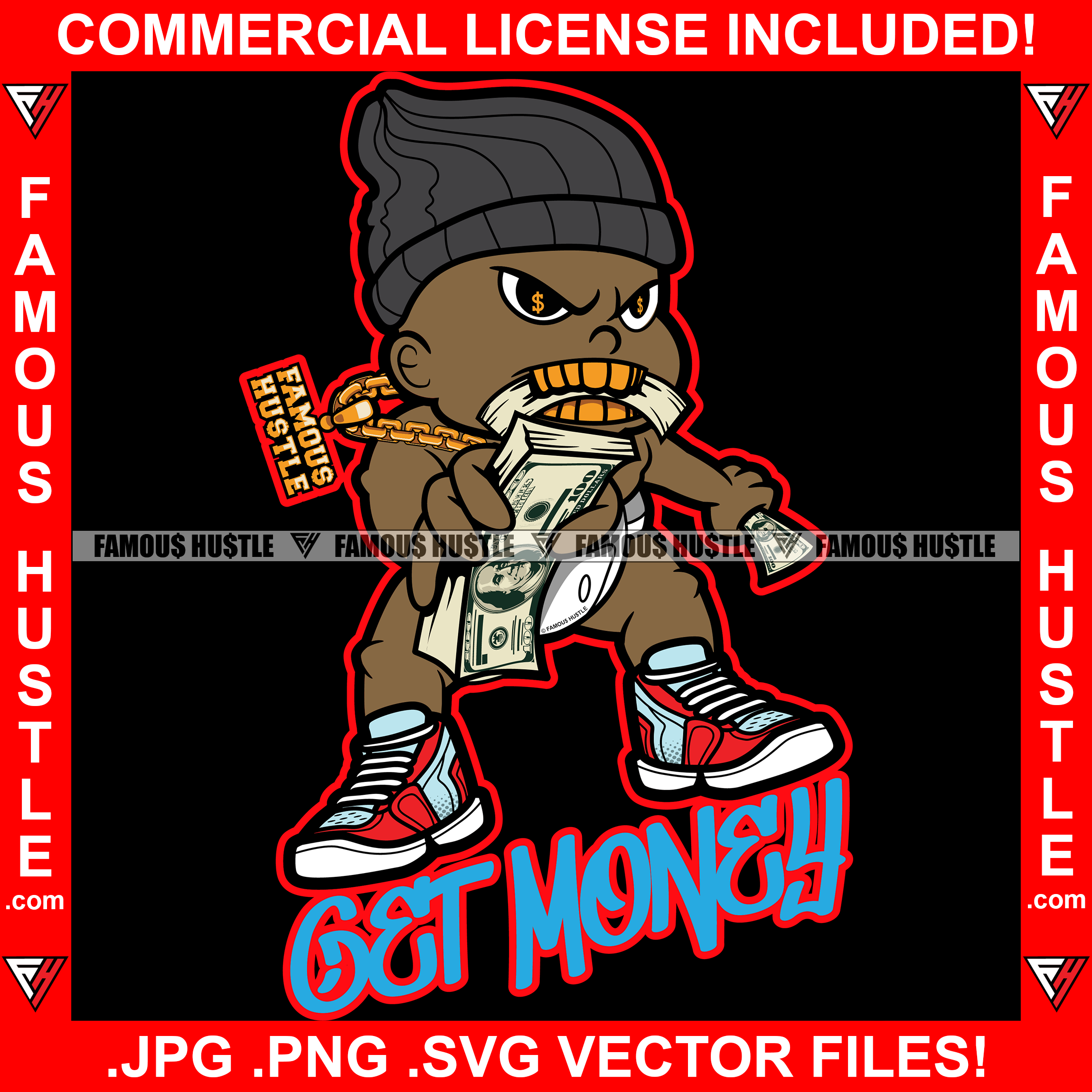 Get Money Hustle Gangster Kid Gold Teeth Grill Eating Money Stack Hat Necklace Chain Hip Hop Rap Rapper Plug Trap Street Hood Ghetto Swag Thug Hustler Hustling Famous Hustle Quote Art Graphic Design Logo T-Shirt Print Printing JPG PNG SVG Vector Cut File