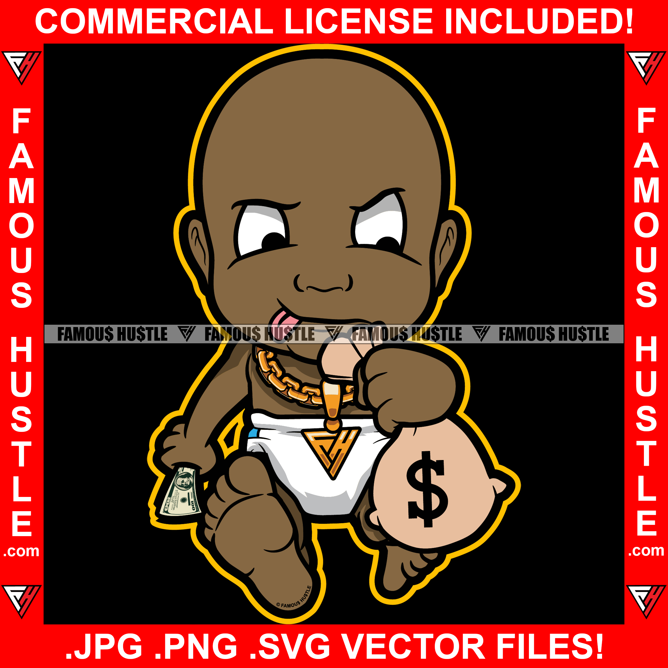Famous Hustle Gangster Black Baby Boy Diaper Running Money Bag Gold Chain Necklace Child Kid Cash Sticking Tongue Out Hip Hop Rap Plug Trap Street Hood Ghetto Thug Hustler Drip Art Graphic Design Logo T-Shirt Print Printing JPG PNG SVG Vector Cut File