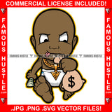 Famous Hustle Gangster Black Baby Boy Diaper Running Money Bag Gold Chain Necklace Child Kid Cash Sticking Tongue Out Hip Hop Rap Plug Trap Street Hood Ghetto Thug Hustler Drip Art Graphic Design Logo T-Shirt Print Printing JPG PNG SVG Vector Cut File