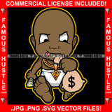 Famous Hustle Gangster Black Baby Boy Diaper Running Money Bag Gold Chain Necklace Child Kid Cash Sticking Tongue Out Hip Hop Rap Plug Trap Street Hood Ghetto Thug Hustler Drip Art Graphic Design Logo T-Shirt Print Printing JPG PNG SVG Vector Cut File