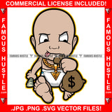 Famous Hustle Gangster White Baby Boy Diaper Running Money Bag Gold Chain Necklace Child Kid Cash Sticking Tongue Out Hip Hop Rap Plug Trap Street Hood Ghetto Thug Hustler Art Graphic Design Logo T-Shirt Print Printing JPG PNG SVG Vector Cut File