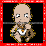 Famous Hustle Gangster White Baby Boy Diaper Running Money Bag Gold Chain Necklace Child Kid Cash Sticking Tongue Out Hip Hop Rap Plug Trap Street Hood Ghetto Thug Hustler Art Graphic Design Logo T-Shirt Print Printing JPG PNG SVG Vector Cut File