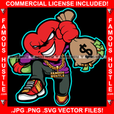 Gangster Hustle Heart Cartoon Character Gold Chain Jewelry Cash Bag Money Coming Out Gangster Tattoo Hip Hop Rap Plug Trap Street Hood Ghetto Thug Hustler Drip Famous Trapper Art Graphic Design Logo T-Shirt Print Printing JPG PNG SVG Vector Cut File