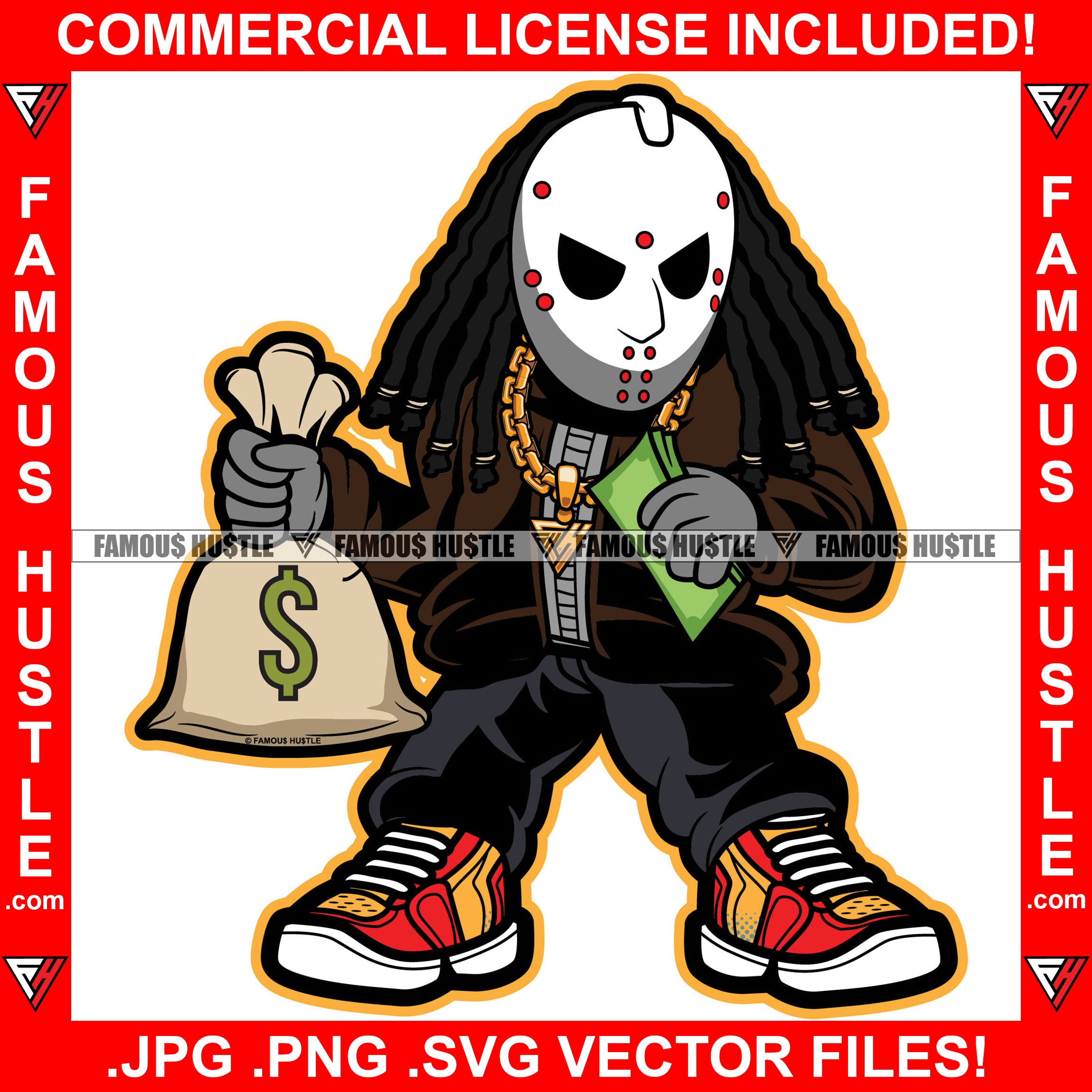 Famous Hustle Gangster Killer Hockey Mask Dread Hair Horror Man Cash Stack Money Bag Gold Chain Jewelry Hip Hop Rap Hustler Boss Drip Swag Trapper Thug Art Graphic Design Logo T-Shirt Print Printing JPG PNG SVG Vector Cut File