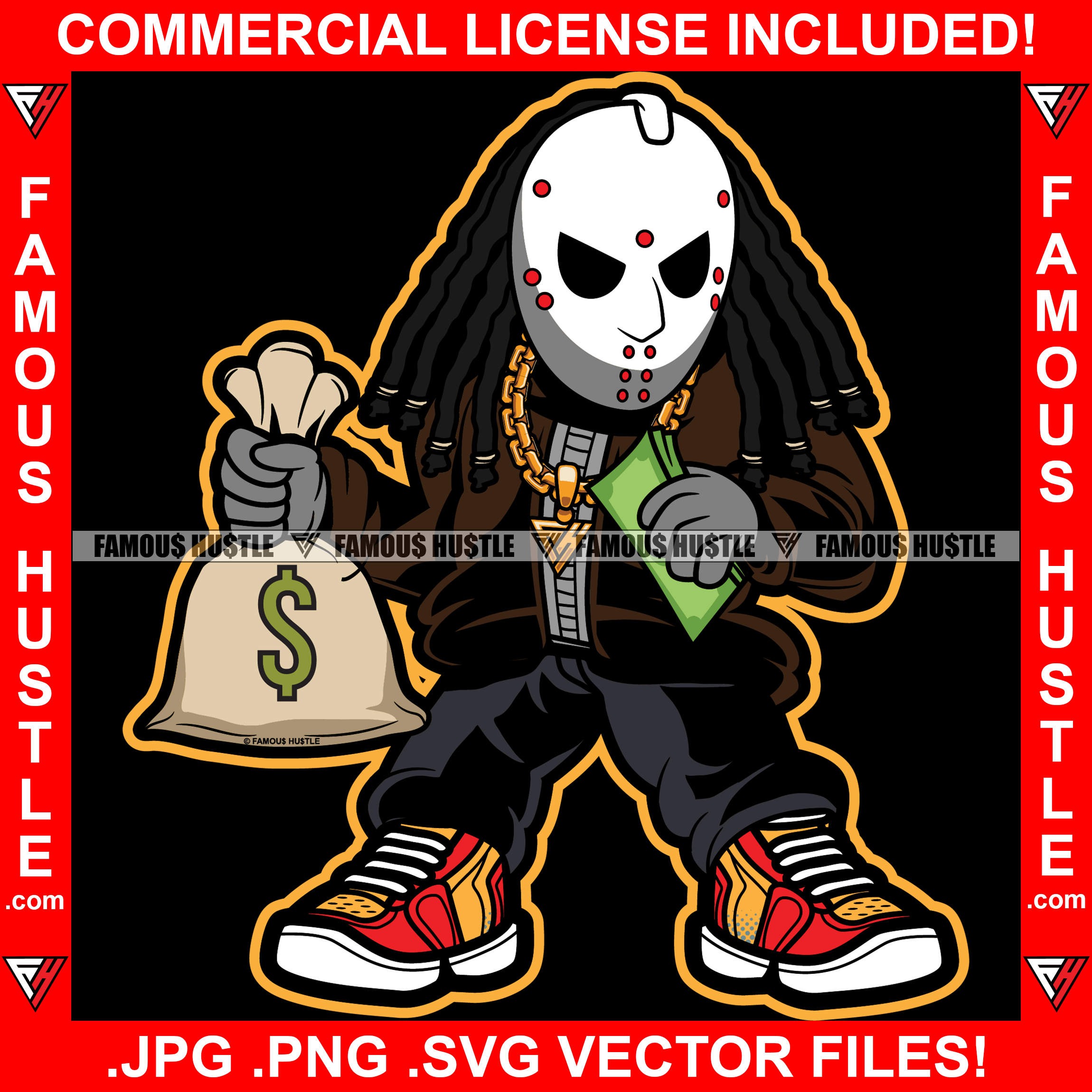 Famous Hustle Gangster Killer Hockey Mask Dread Hair Horror Man Cash Stack Money Bag Gold Chain Jewelry Hip Hop Rap Hustler Boss Drip Swag Trapper Thug Art Graphic Design Logo T-Shirt Print Printing JPG PNG SVG Vector Cut File