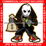 Famous Hustle Gangster Killer Hockey Mask Dread Hair Horror Man Cash Stack Money Bag Gold Chain Jewelry Hip Hop Rap Hustler Boss Drip Swag Trapper Thug Art Graphic Design Logo T-Shirt Print Printing JPG PNG SVG Vector Cut File