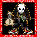 Famous Hustle Gangster Killer Hockey Mask Dread Hair Horror Man Cash Stack Money Bag Gold Chain Jewelry Hip Hop Rap Hustler Boss Drip Swag Trapper Thug Art Graphic Design Logo T-Shirt Print Printing JPG PNG SVG Vector Cut File
