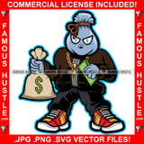 Money Bag Cartoon Character Gold Necklace Jewelry Cash Bag Dollar Sign Eyes Tattoo Hip Hop Rap Hustler Drip Trap Hood Thug Gang Street Ghetto Rich Famous Hustle Art Graphic Design Logo T-Shirt Print Printing JPG PNG SVG Vector Cut File
