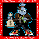 Money Bag Cartoon Character Gold Necklace Jewelry Cash Bag Dollar Sign Eyes Tattoo Hip Hop Rap Hustler Drip Trap Hood Thug Gang Street Ghetto Rich Famous Hustle Art Graphic Design Logo T-Shirt Print Printing JPG PNG SVG Vector Cut File