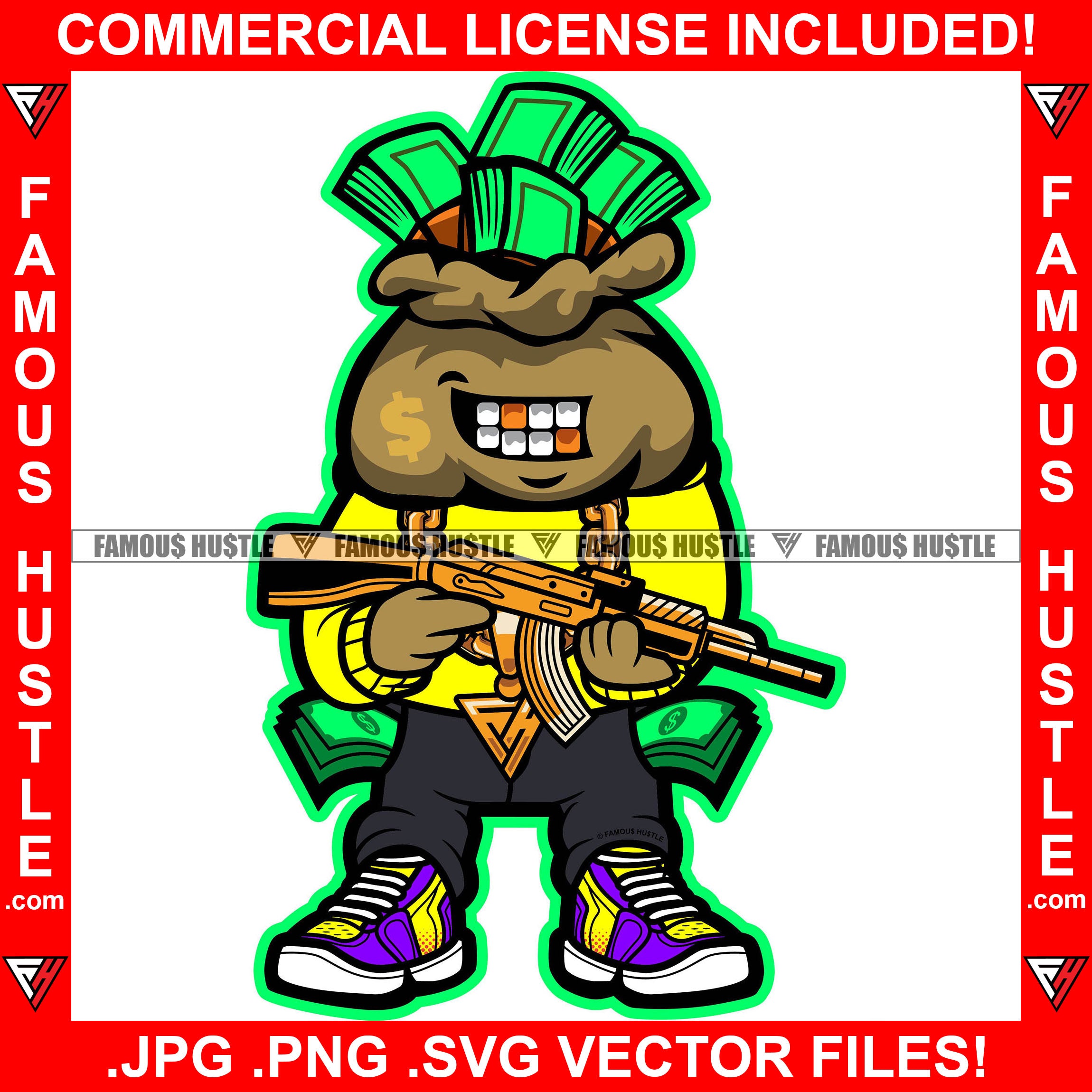 Famous Hustle Cash Money Bag Cartoon Character Gold Teeth Dollar Sign Face Tattoo Jewelry Teeth Machine Gun Hip Hop Rap Plug Trap Street Hood Ghetto Swag Thug Drip Dripping Art Graphic Design Logo T-Shirt Print Printing JPG PNG SVG Vector Cut File