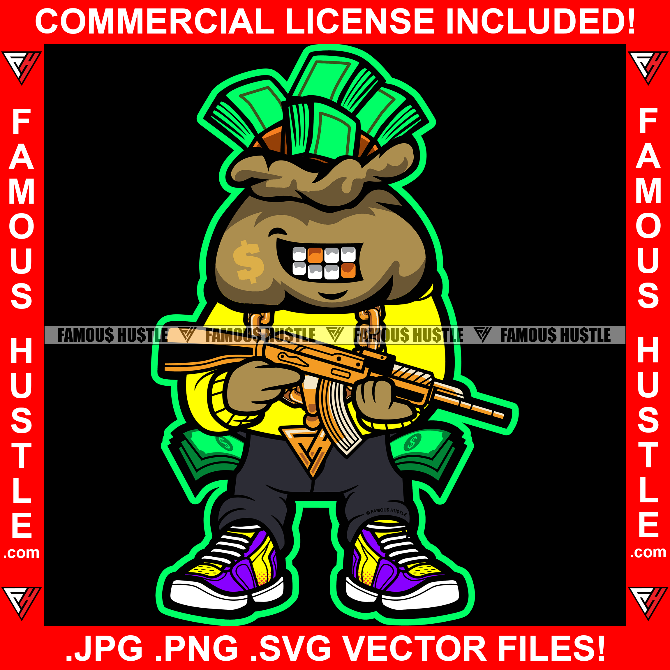 Famous Hustle Cash Money Bag Cartoon Character Gold Teeth Dollar Sign Face Tattoo Jewelry Teeth Machine Gun Hip Hop Rap Plug Trap Street Hood Ghetto Swag Thug Drip Dripping Art Graphic Design Logo T-Shirt Print Printing JPG PNG SVG Vector Cut File