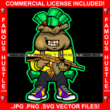 Famous Hustle Cash Money Bag Cartoon Character Gold Teeth Dollar Sign Face Tattoo Jewelry Teeth Machine Gun Hip Hop Rap Plug Trap Street Hood Ghetto Swag Thug Drip Dripping Art Graphic Design Logo T-Shirt Print Printing JPG PNG SVG Vector Cut File