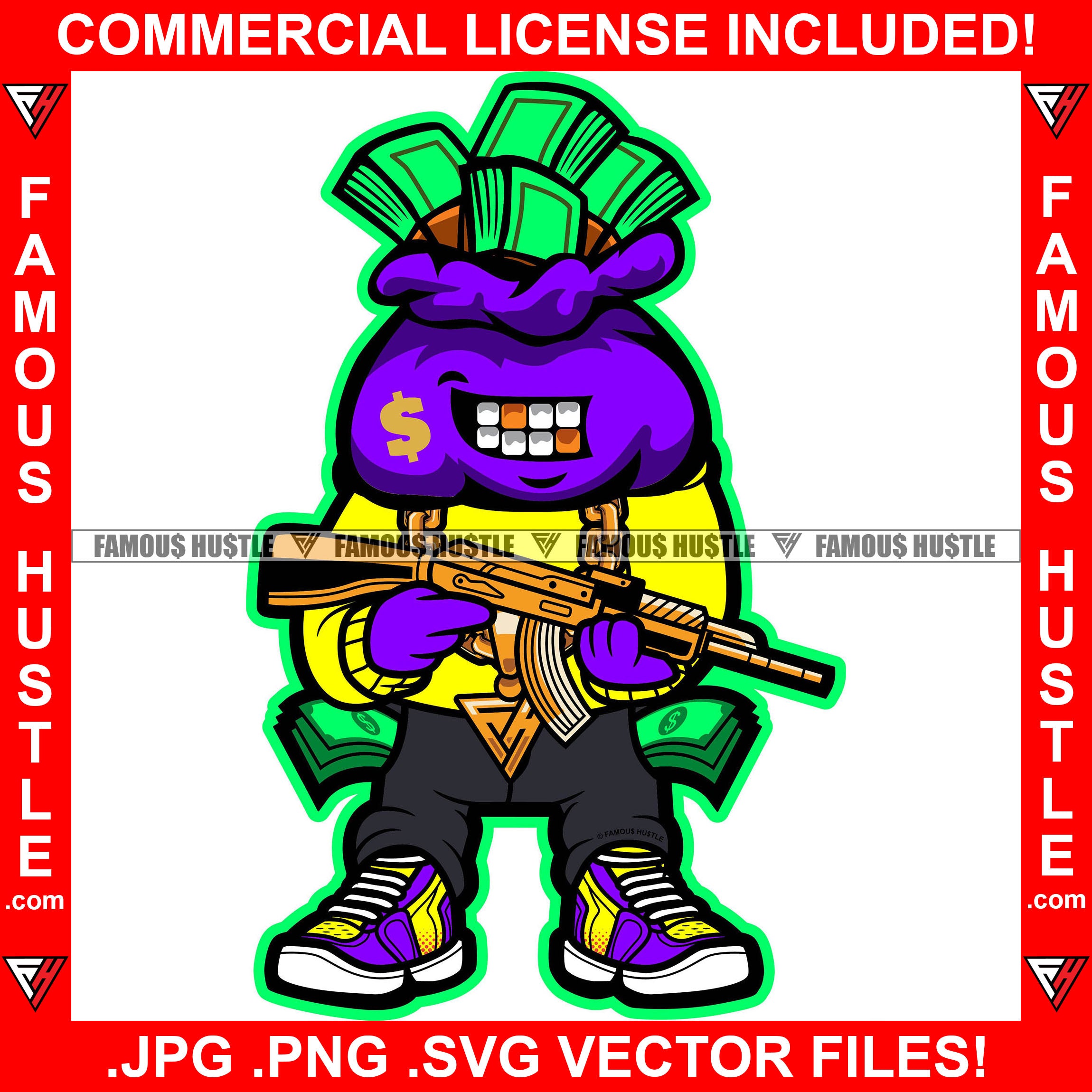 Famous Hustle Cash Money Bag Cartoon Character Gold Teeth Dollar Sign Face Tattoo Jewelry Teeth Machine Gun Hip Hop Rap Plug Trap Street Hood Swag Thug Drip Dripping Art Graphic Design Logo T-Shirt Print Printing JPG PNG SVG Vector Cut File