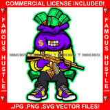 Famous Hustle Cash Money Bag Cartoon Character Gold Teeth Dollar Sign Face Tattoo Jewelry Teeth Machine Gun Hip Hop Rap Plug Trap Street Hood Swag Thug Drip Dripping Art Graphic Design Logo T-Shirt Print Printing JPG PNG SVG Vector Cut File