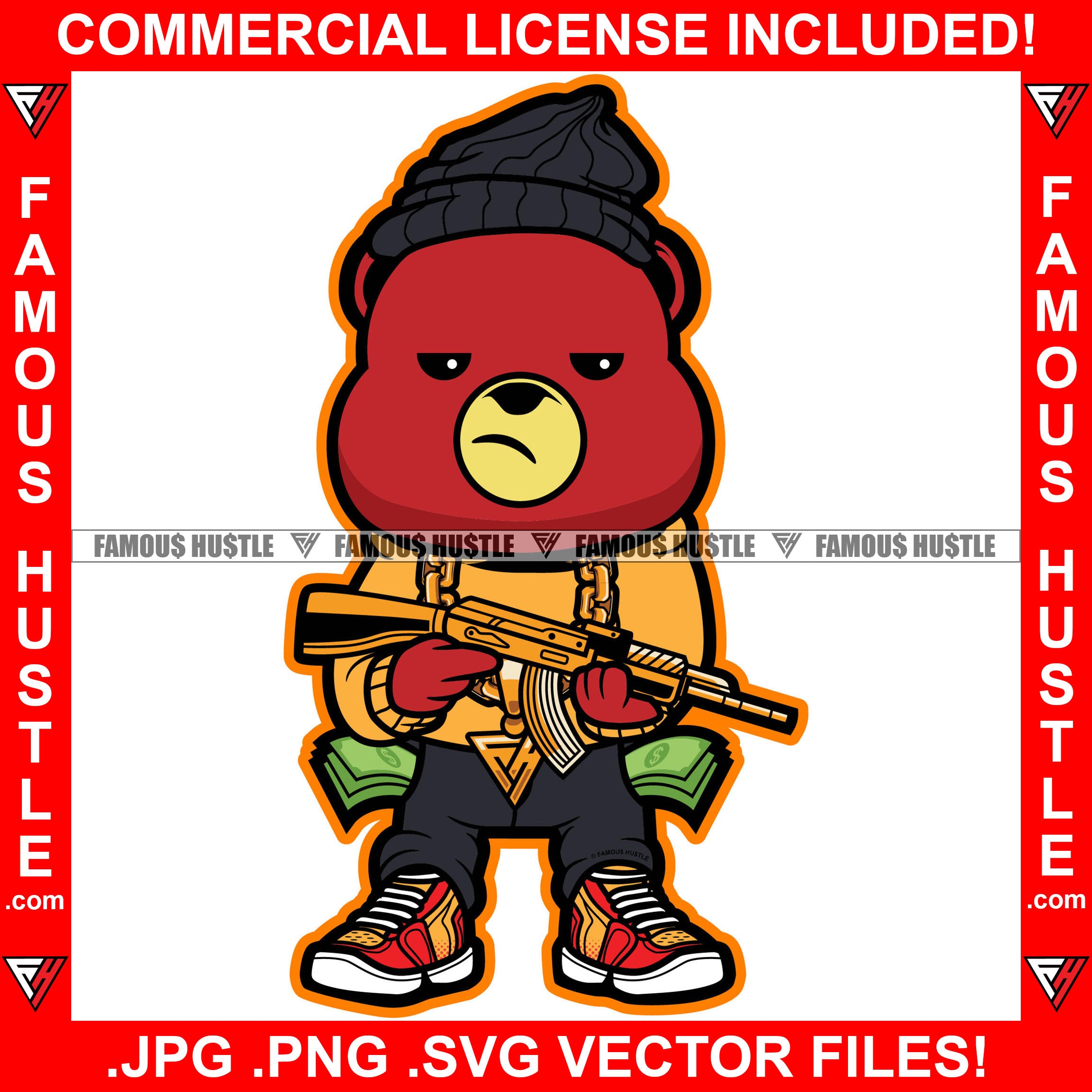 Hustle Gangster Red Teddy Bear Gold Chain Necklace Holding Golden Gun Cash Money Hip Hop Rap Trap Street Hood Ghetto Thug Hustler Hustling Drip Savage Famous Trapper Art Graphic Design Logo T-Shirt Print Printing JPG PNG SVG Vector Cut File