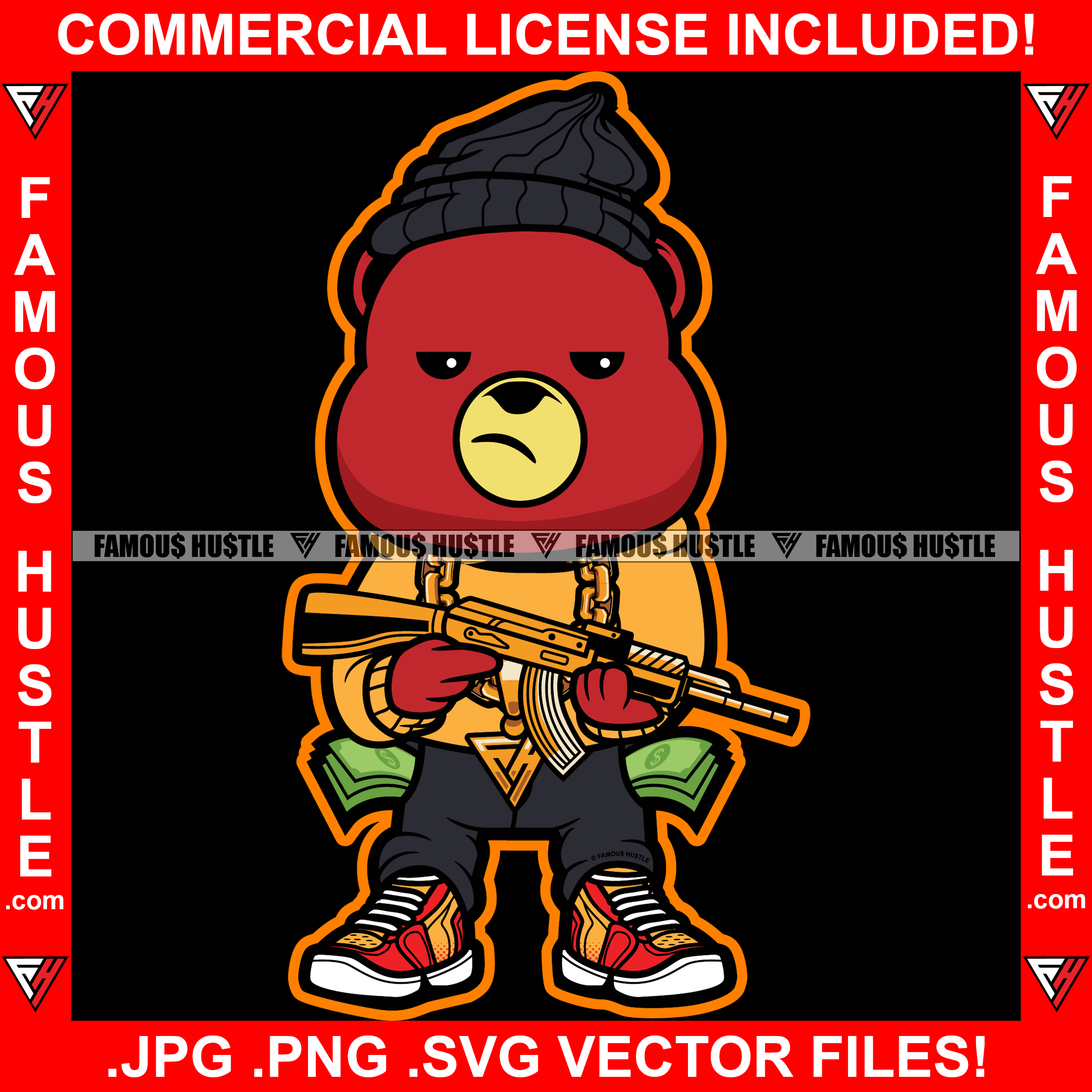 Hustle Gangster Red Teddy Bear Gold Chain Necklace Holding Golden Gun Cash Money Hip Hop Rap Trap Street Hood Ghetto Thug Hustler Hustling Drip Savage Famous Trapper Art Graphic Design Logo T-Shirt Print Printing JPG PNG SVG Vector Cut File