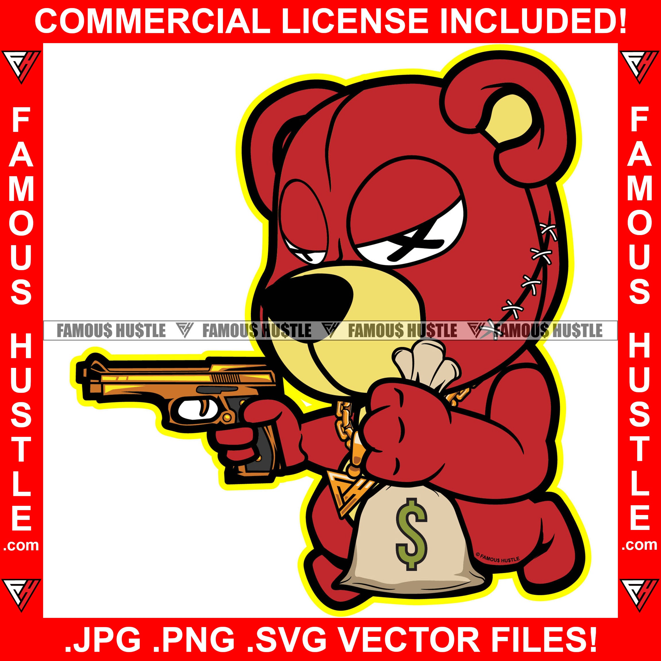 Gangster Teddy Bear Cute Horror Face X Eyes Head Stitches Cash Money Bag Gold Chain Necklace Jewelry Machine Gun Tattoo Hip Hop Rap Hustler Boss Drip Swag Trapper Art Graphic Design Logo T-Shirt Print Printing JPG PNG SVG Vector Cut File
