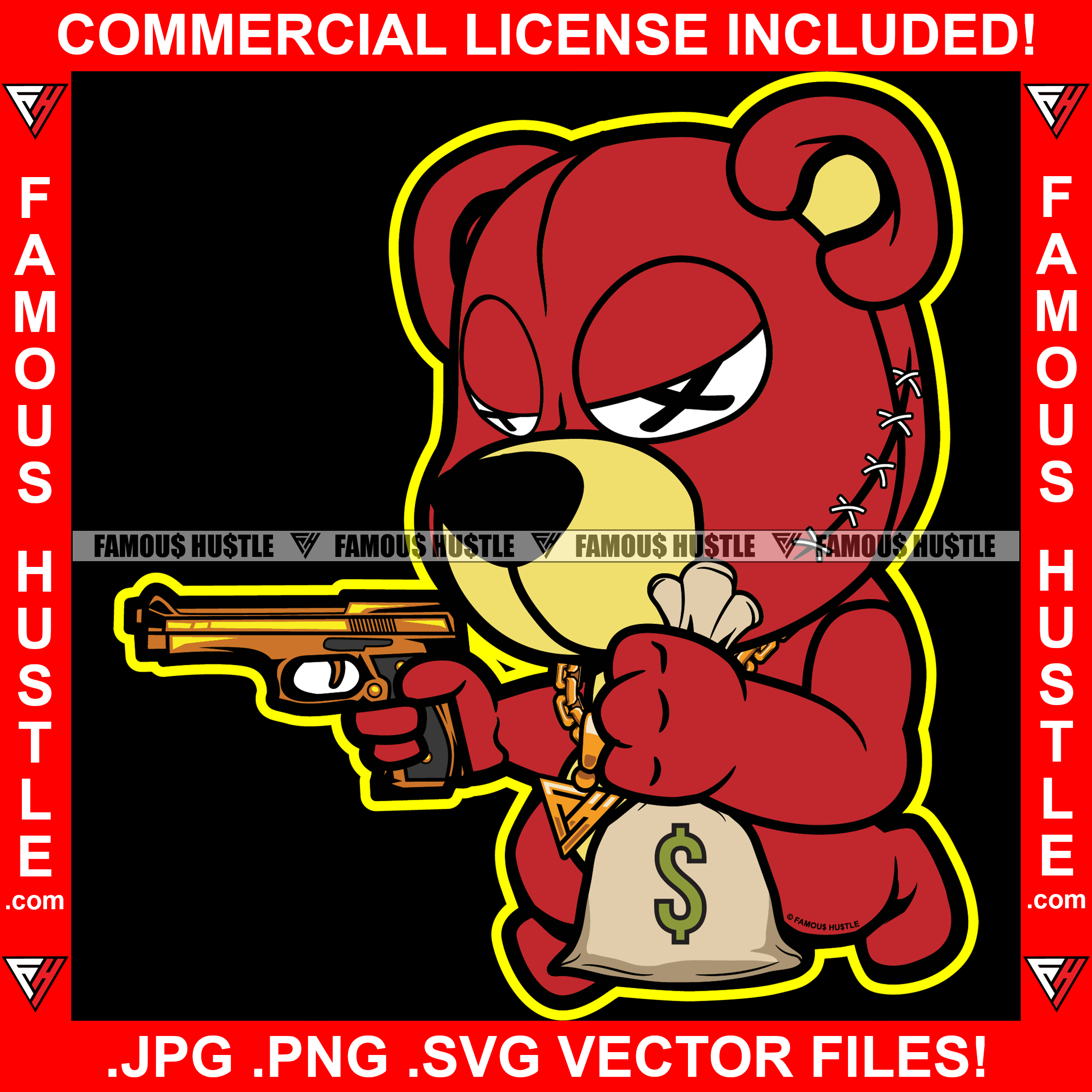 Gangster Teddy Bear Cute Horror Face X Eyes Head Stitches Cash Money Bag Gold Chain Necklace Jewelry Machine Gun Tattoo Hip Hop Rap Hustler Boss Drip Swag Trapper Art Graphic Design Logo T-Shirt Print Printing JPG PNG SVG Vector Cut File