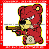 Gangster Teddy Bear Cute Horror Face X Eyes Head Stitches Cash Money Bag Gold Chain Necklace Jewelry Machine Gun Tattoo Hip Hop Rap Hustler Boss Drip Swag Trapper Art Graphic Design Logo T-Shirt Print Printing JPG PNG SVG Vector Cut File