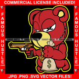 Gangster Teddy Bear Cute Horror Face X Eyes Head Stitches Cash Money Bag Gold Chain Necklace Jewelry Machine Gun Tattoo Hip Hop Rap Hustler Boss Drip Swag Trapper Art Graphic Design Logo T-Shirt Print Printing JPG PNG SVG Vector Cut File