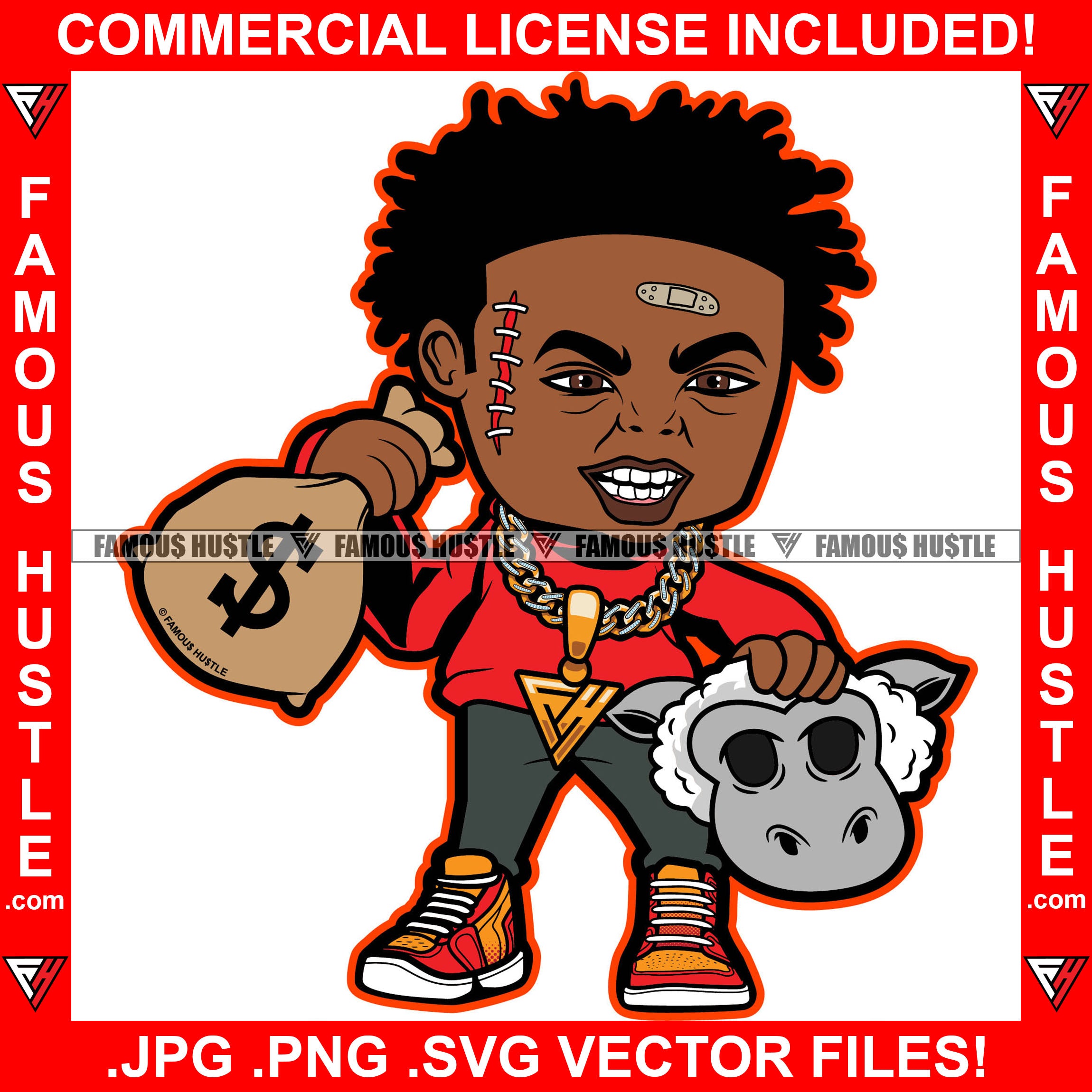 Gangster Horror Killer Scar Face Staples Sheep's Head Horror Cash Money Bag Hip Hop Rap Rapper Plug Trap Street Hood Ghetto Swag Thug Boss Hustler Hustling Drip Street Gang Art Graphic Design Logo T-Shirt Print Printing JPG PNG SVG Vector Cut File