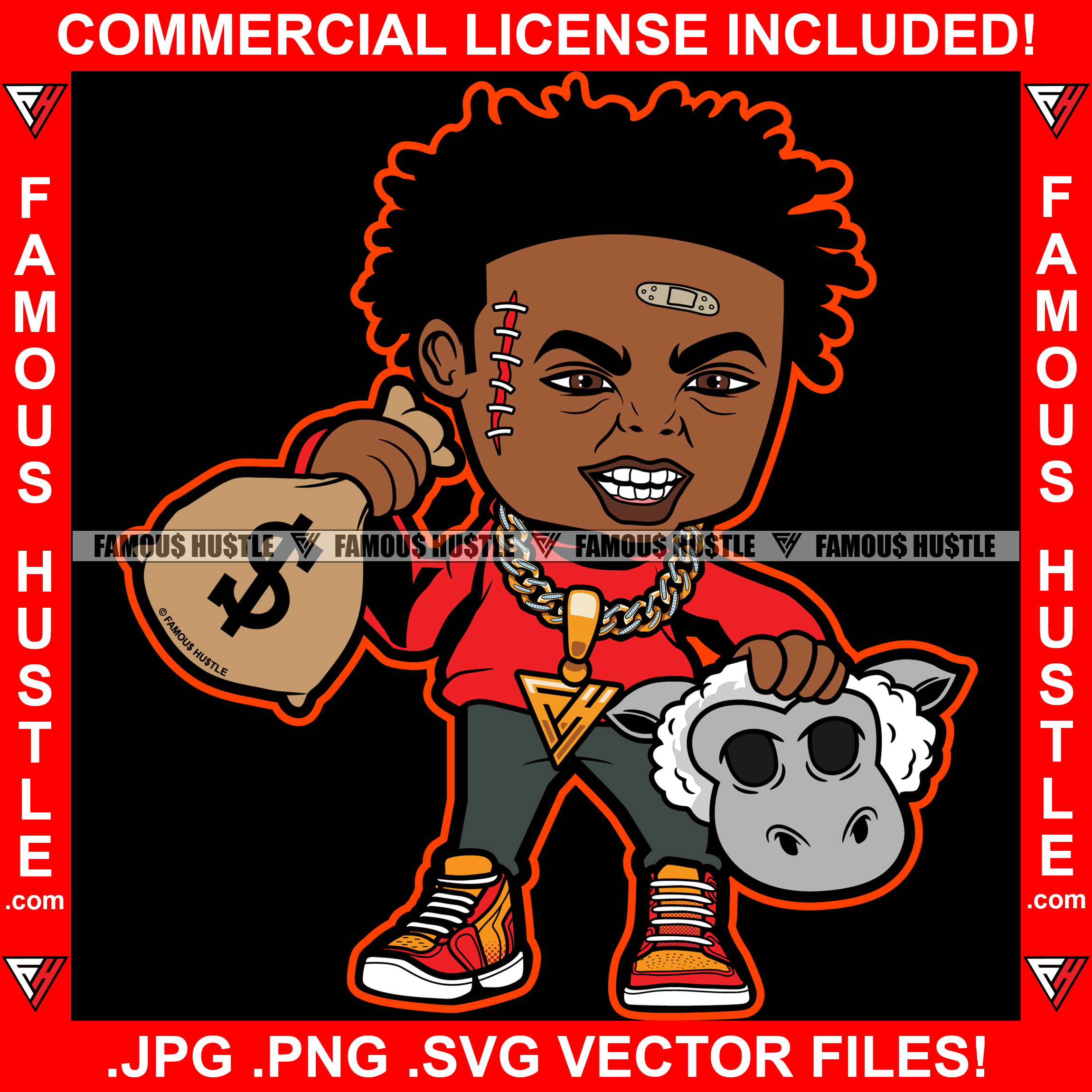 Gangster Horror Killer Scar Face Staples Sheep's Head Horror Cash Money Bag Hip Hop Rap Rapper Plug Trap Street Hood Ghetto Swag Thug Boss Hustler Hustling Drip Street Gang Art Graphic Design Logo T-Shirt Print Printing JPG PNG SVG Vector Cut File