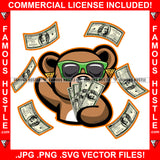 Cash Hunter Gangster Teddy Bear Black Glasses Gold Jewelry Earrings Money Falling Hip Hop Rap Plug Trap Street Hood Ghetto Swag Thug Famous Hustle Baller Trapper Art Graphic Design Logo T-Shirt Print Printing JPG PNG SVG Vector Cut File