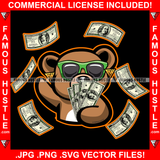 Cash Hunter Gangster Teddy Bear Black Glasses Gold Jewelry Earrings Money Falling Hip Hop Rap Plug Trap Street Hood Ghetto Swag Thug Famous Hustle Baller Trapper Art Graphic Design Logo T-Shirt Print Printing JPG PNG SVG Vector Cut File