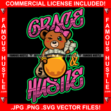 Grace & Hustle Famous Hustle Adorable Cute Female Gangster Winked Bow Cash Money Bag Trap Street Hustler Hustling Drip Rich Adorable Quote Art Graphic Design Logo Print Printing Vector SVG Cut File