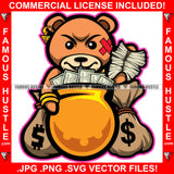 Money Magnet Gangster Scar Face Teddy Bear Gold Jewelry Cash Money Pot Mean Face Hip Hop Rap Rapper Plug Trap Street Hood Ghetto Swag Thug Famous Hustle Baller Trapper Art Graphic Design Logo T-Shirt Print Printing JPG PNG SVG Vector Cut File