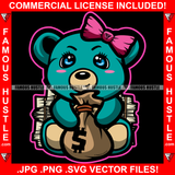 Money On Luck Cute Female Gangster Teddy Bear Pink Bow Money Stacks Hip Hop Rap Plug Trap Street Hood Ghetto Swag Hustler Hustling Drip Boss Famous Hustle Art Graphic Design Logo Print Printing Vector SVG Cut File