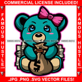 Money On Luck Cute Female Gangster Teddy Bear Pink Bow Money Stacks Hip Hop Rap Plug Trap Street Hood Ghetto Swag Hustler Hustling Drip Boss Famous Hustle Art Graphic Design Logo Print Printing Vector SVG Cut File