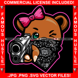 Say Less Dripping Adorable Cute Female Gangster Pink Bow Winked Face Bandanna Pistol Gun Hip Hop Rap Plug Trap Street Hood Ghetto Swag Hustler Hustling Drip Boss Famous Hustle Art Graphic Design Logo Print Printing Vector SVG Cut File