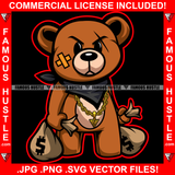 Gangster Teddy Bear Scar Angry Face Cash Money Bags Bandana Aound Neck Hip Hop Rap Rapper Plug Trap Street Hood Ghetto Swag Thug Hustler Hustling Famous Hustle Baller Trapper Art Graphic Design Logo T-Shirt Print Printing JPG PNG SVG Vector Cut File